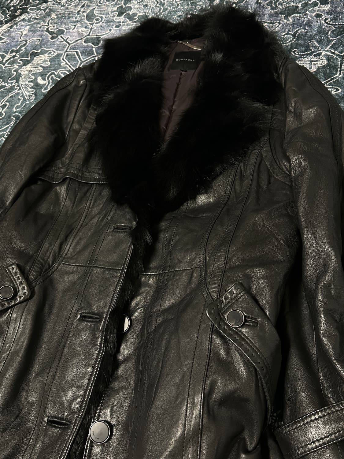 Black fur long leather jacket 상품이미지2