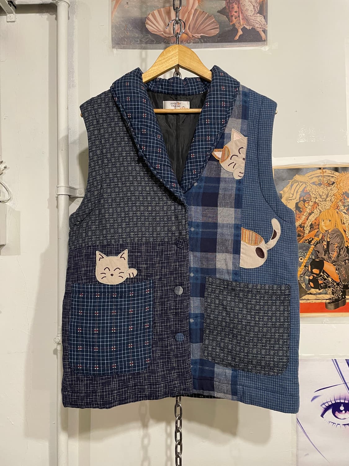 고양이 패치워크 블루 패딩 베스트 모리 상품이미지5