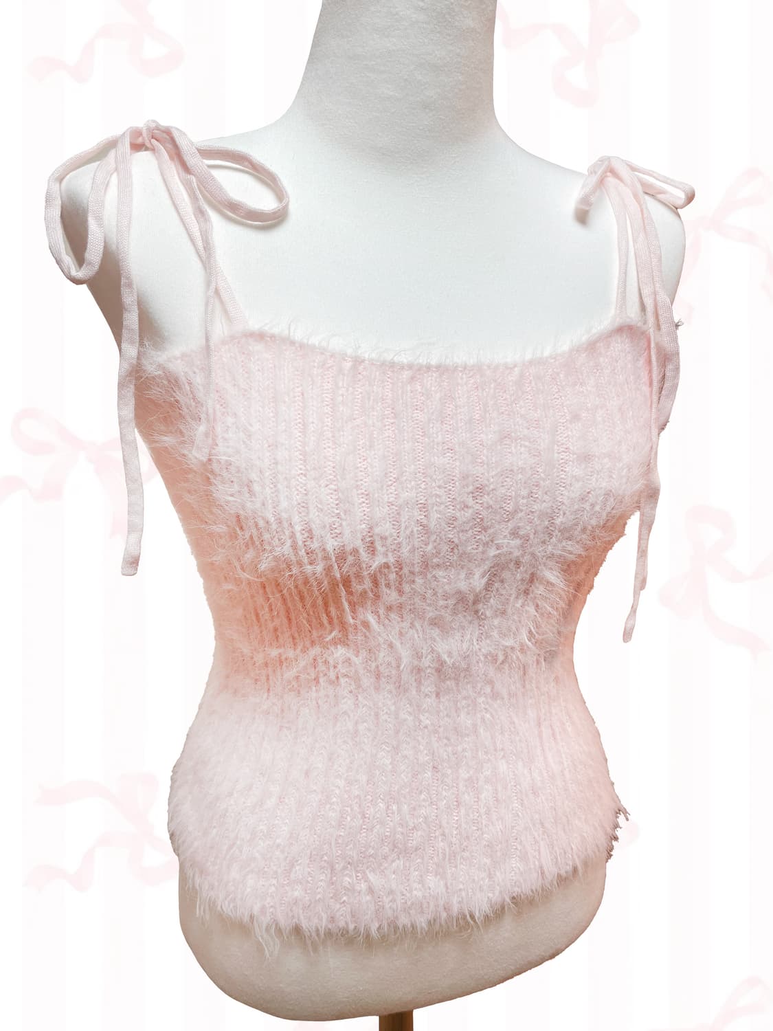 러블리 빈티지 히메갸루 딸기우유 핑크 리본 니트 슬리브리스 나시 탑 상품이미지1