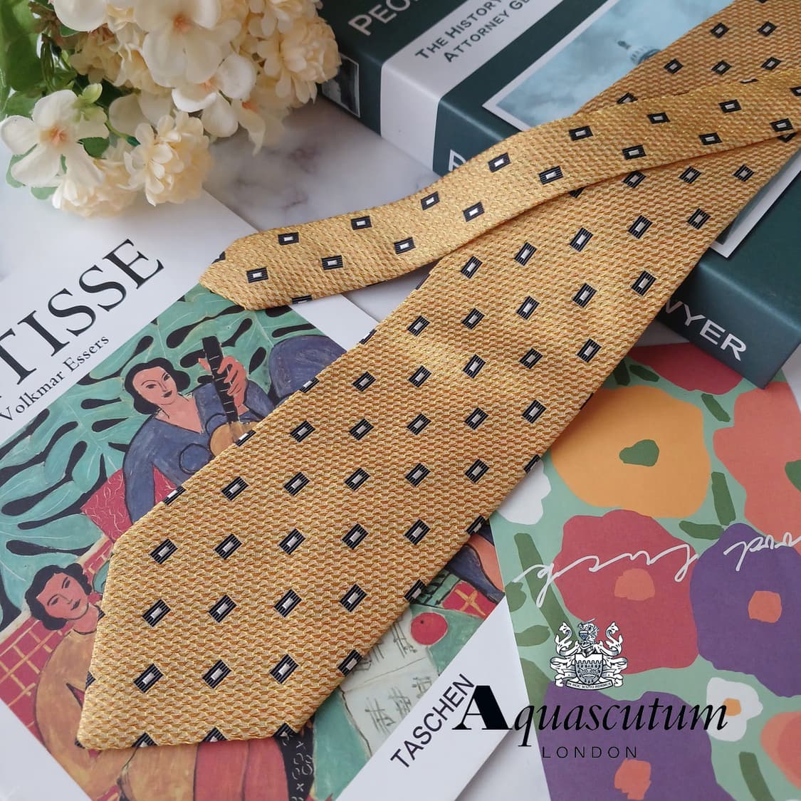 아쿠아스큐텀 실크 옐로우 패턴 넥타이 9.4cm A+등급 E738 상품이미지2