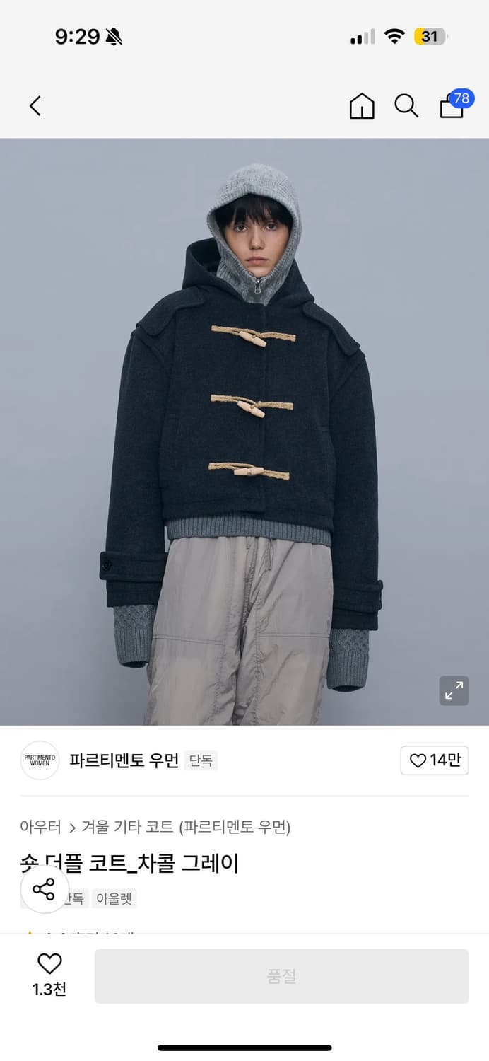 파르티멘토 숏 더플 코트 차콜 그레이 상품이미지1