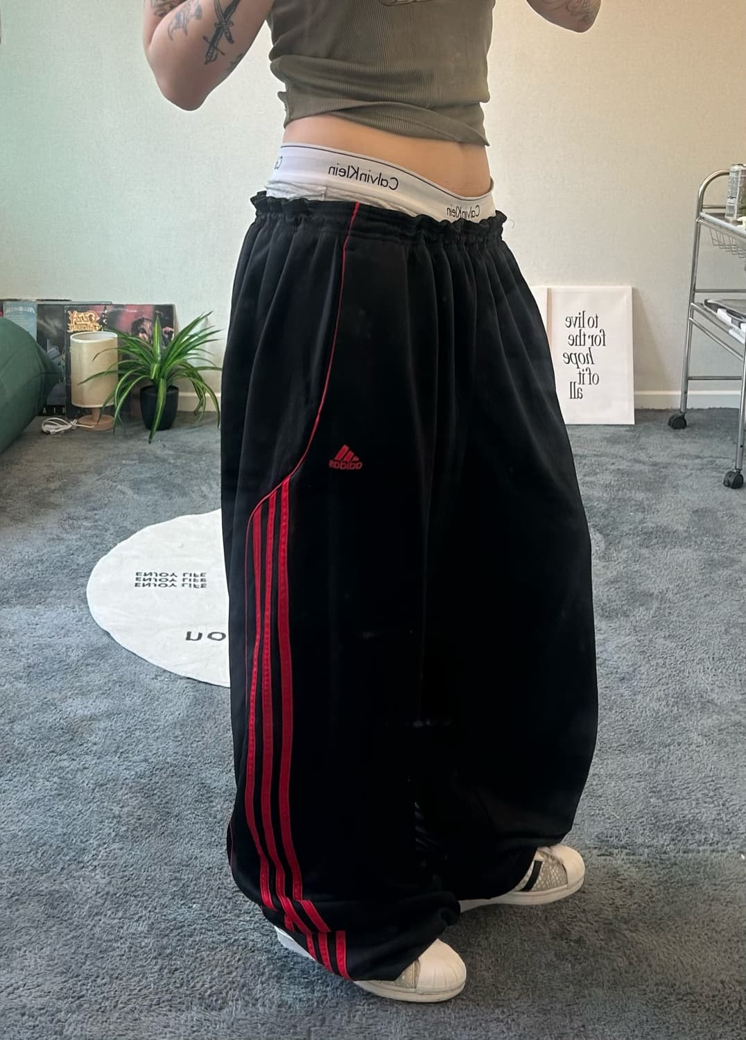 90s ADIDAS 블랙&레드 와이드 져지트랙팬츠 상품이미지1