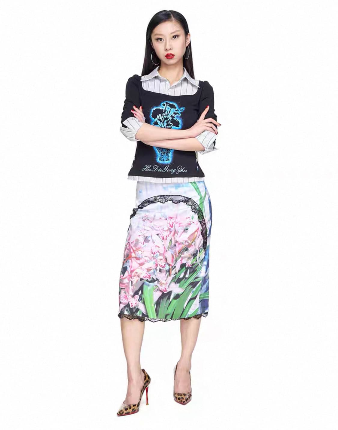 HuDieGongZhu 난초 프린팅 레이스 스커트 상품이미지2