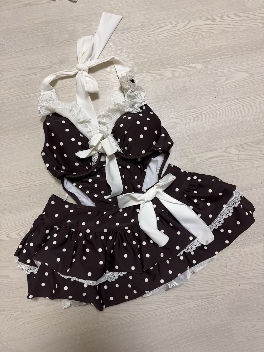 라떼갸루 리즈리사 st 일본 빈티지 브라운 도트 프릴 레이스 리본 비키니 상품이미지1