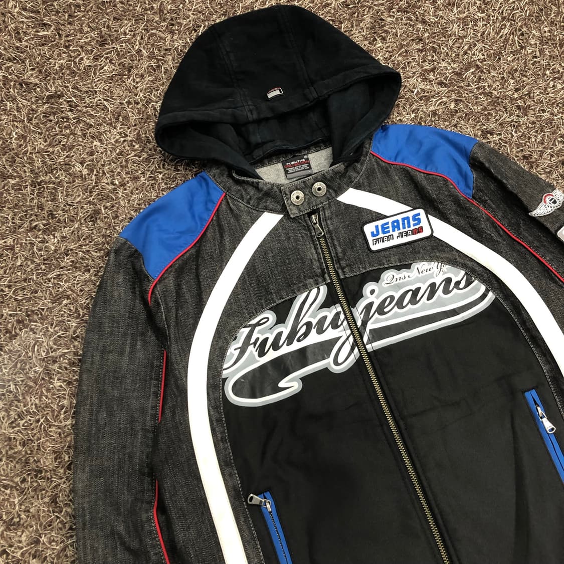 후부 데님 후디드 레이싱 바이커 자켓 상품이미지2