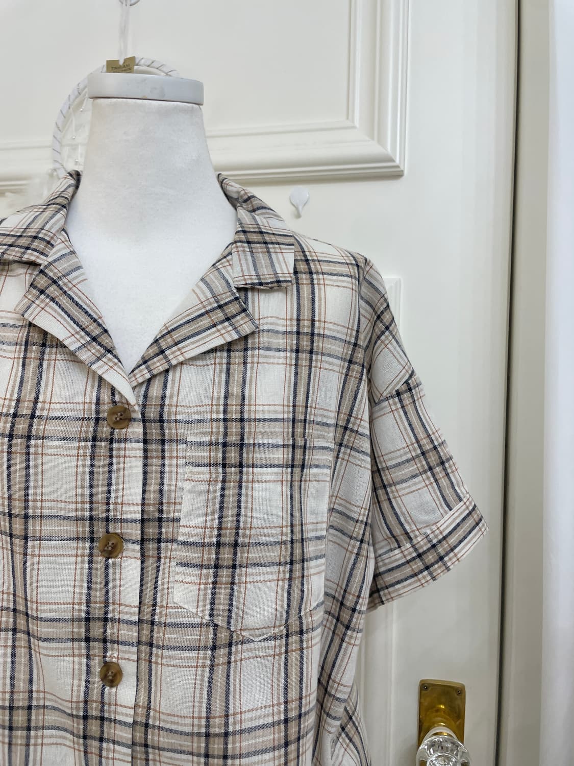 beige navy check crop summer shirt 상품이미지6
