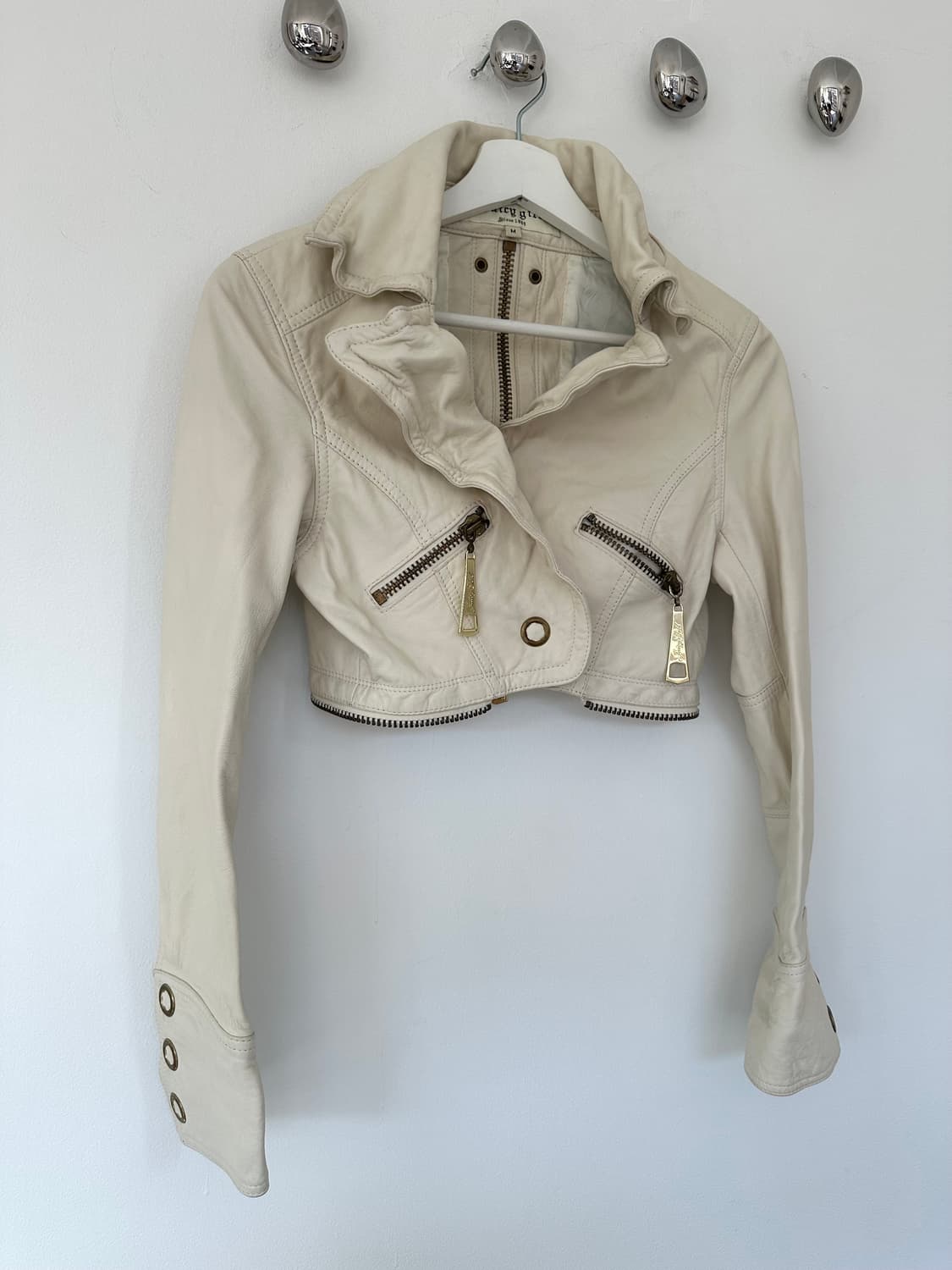 JPN VTG 아이보리 크롭 지퍼 램스킨 레더 자켓 상품이미지1