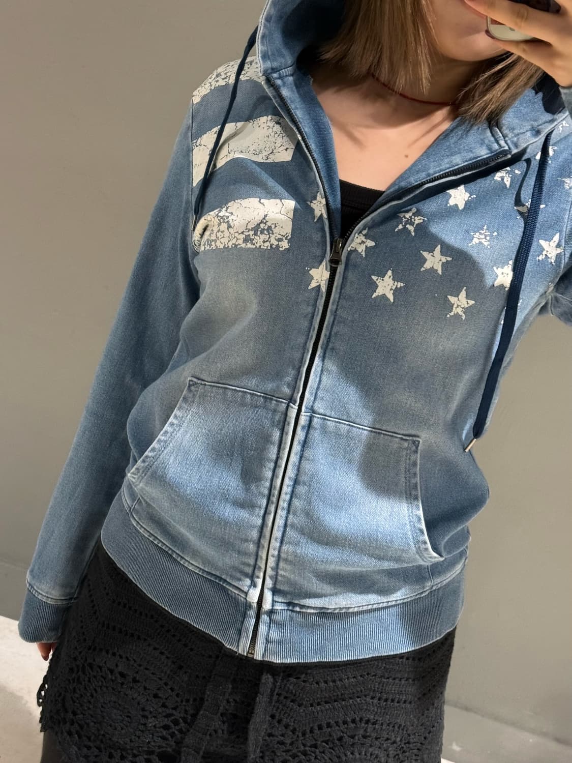 denim washing star pattern hood zip-up 상품이미지2