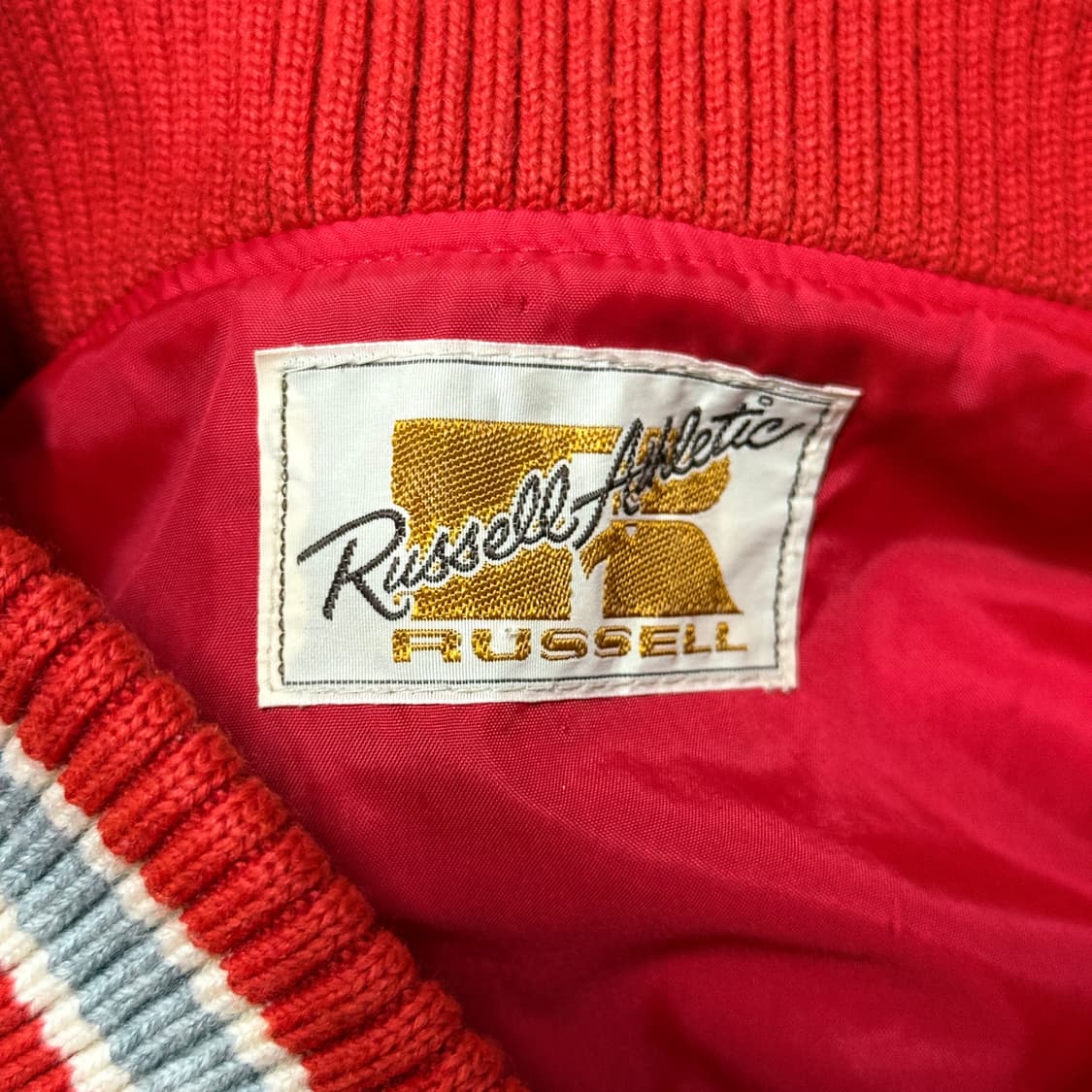 90s 러셀 올드스쿨 빅 패치 울 혼방 바시티 자켓 상품이미지6