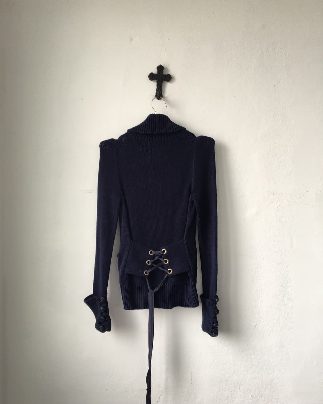 Double button high neck blue knit zip up 상품이미지3