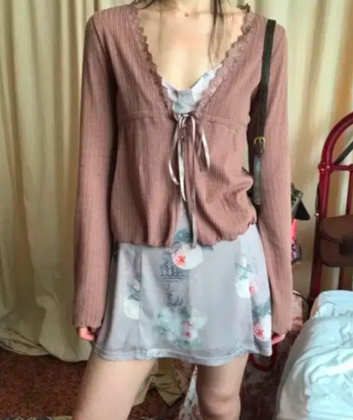 애니원모어 레이스 넥 리본 가디건 상품이미지1