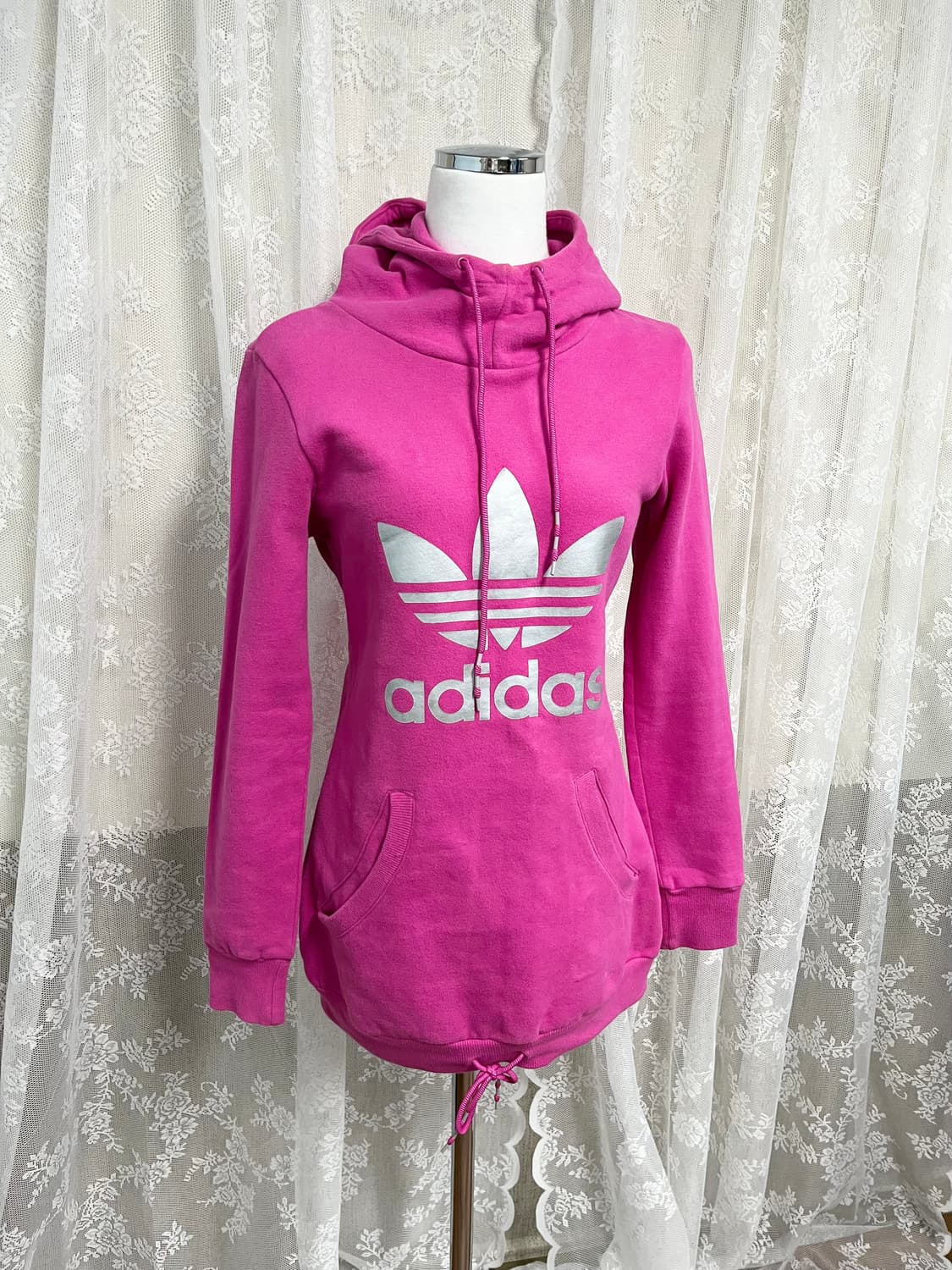 XS)아디다스 y2k 핑크 실버 롱 후디 기모 후드티 상품이미지2