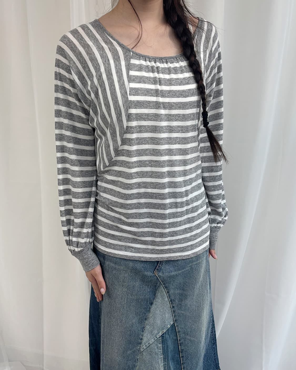 FAIRY SHADE 스트라이프 변형 긴팔 티 상품이미지1