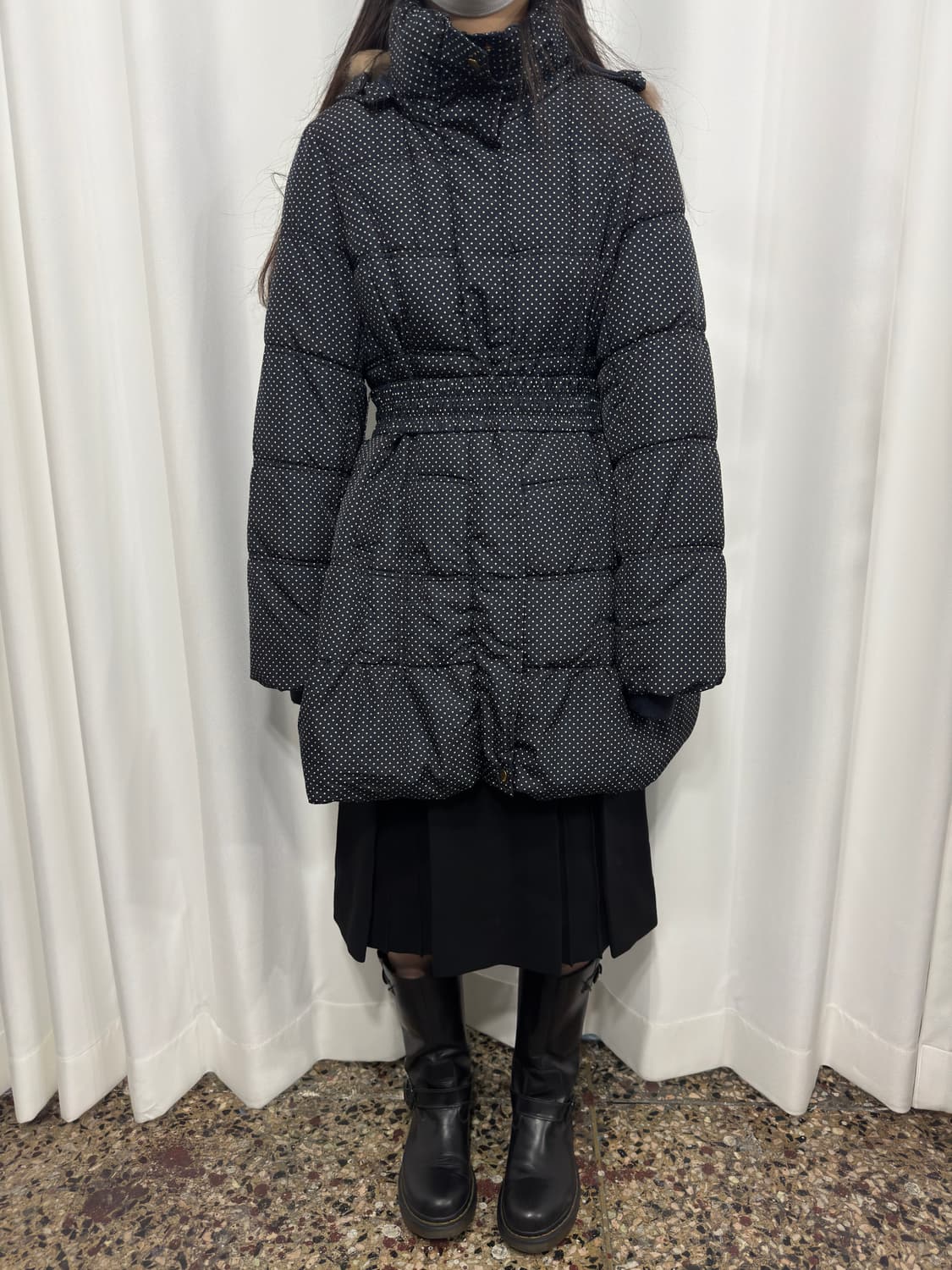 dot fur hood long padding 상품이미지7