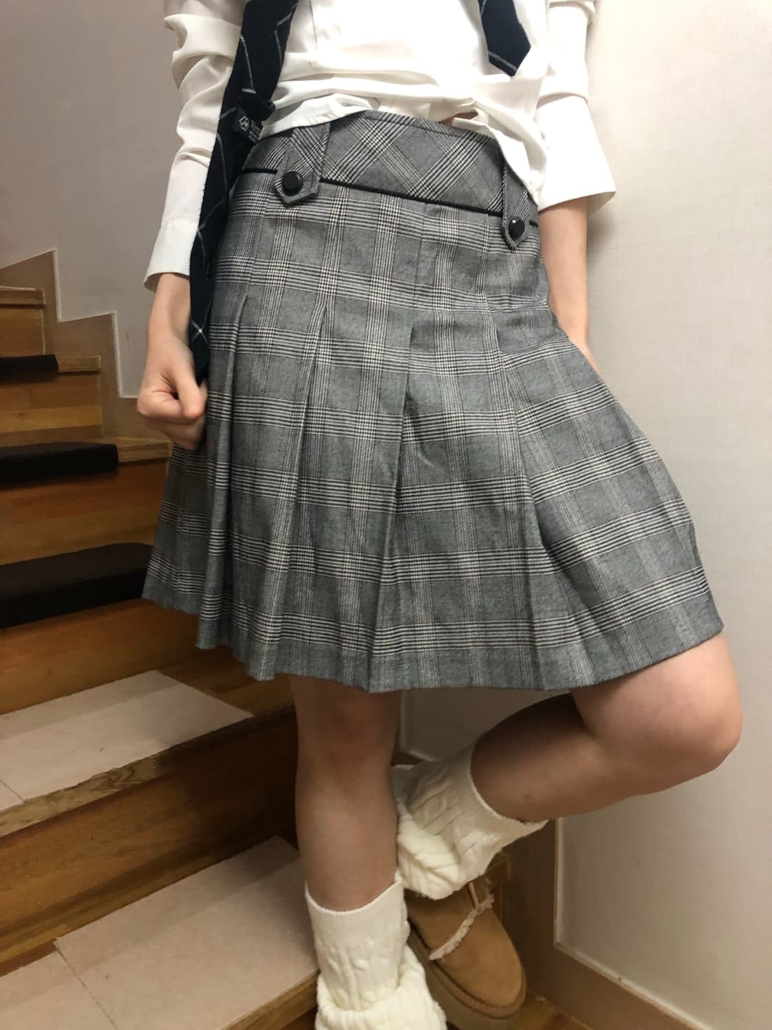 빈티지 그레이 체크 플리츠 미디 스커트 상품이미지4