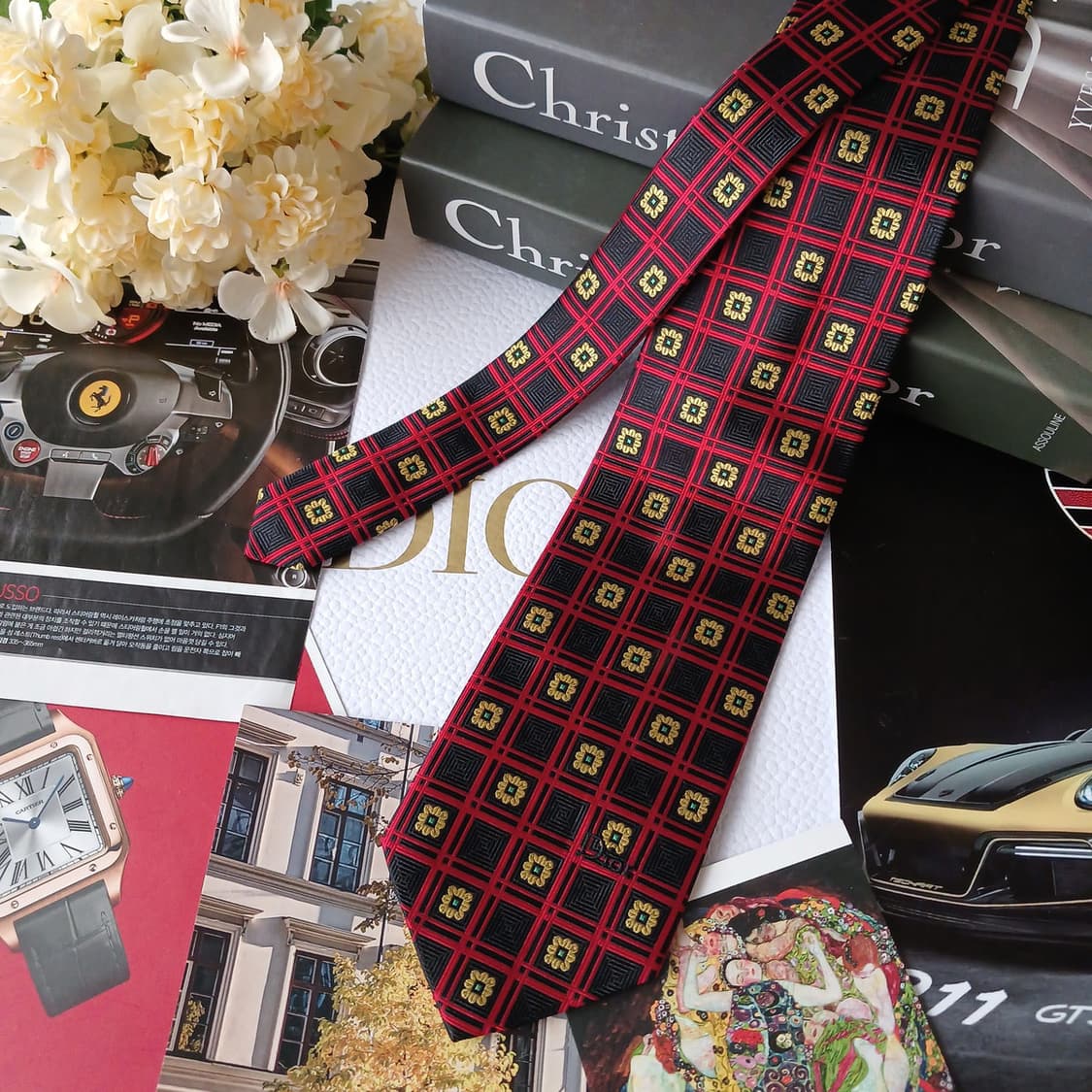 디올 실크 블랙&레드 체크 플라워 넥타이 9.4cm A등급 A19207
 상품이미지2
