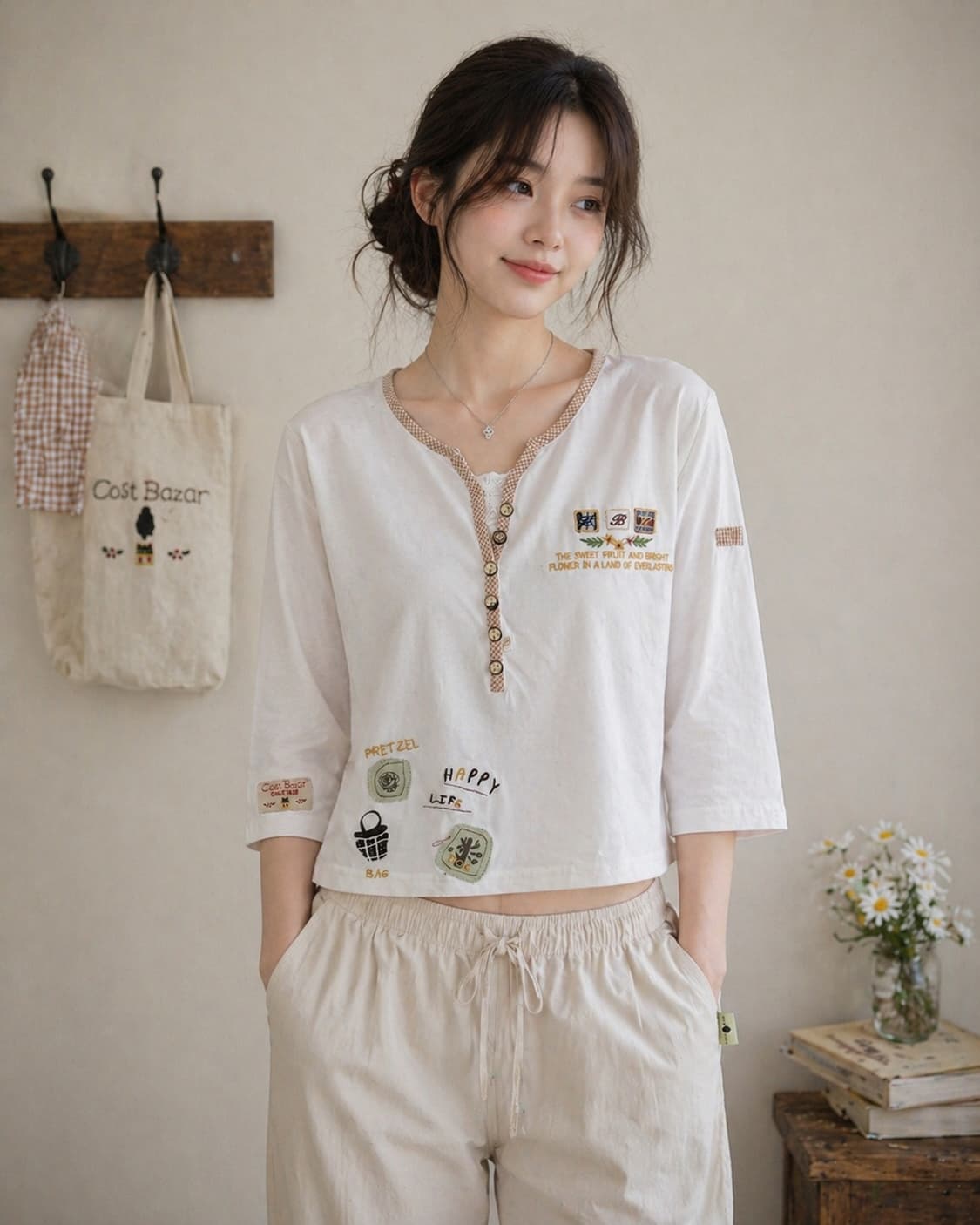 [S] 코스트 바자(Cost Bazar) 자수 포인트 헨리넥 티셔츠 상품이미지1