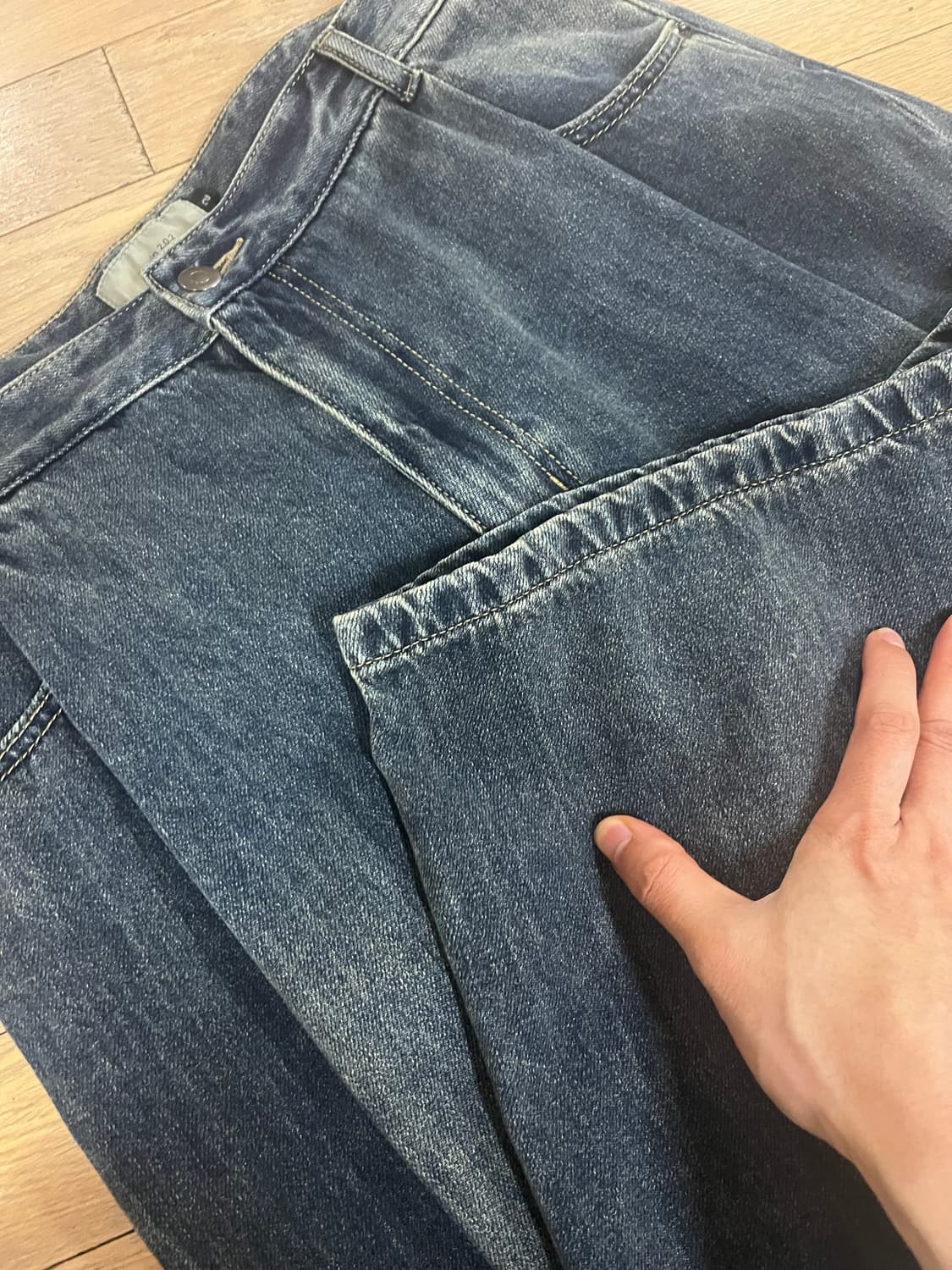 비긴202 원턱 와이드 데님 슬랙스 카키 블루 상품이미지5