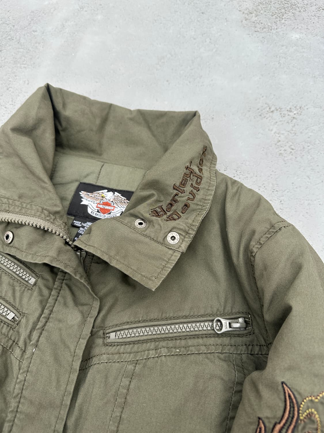 할리데이비슨 로고 자수 크롭 봄버자켓 올리브 카키 y2k 상품이미지4