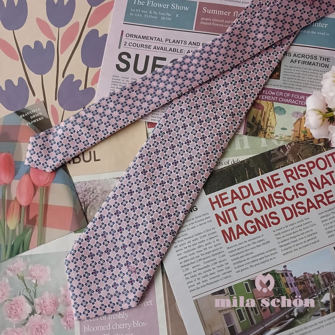 밀라숀 실크 핑크 플라워 패턴 넥타이 8.4cm 새상품 A19313
 상품이미지1