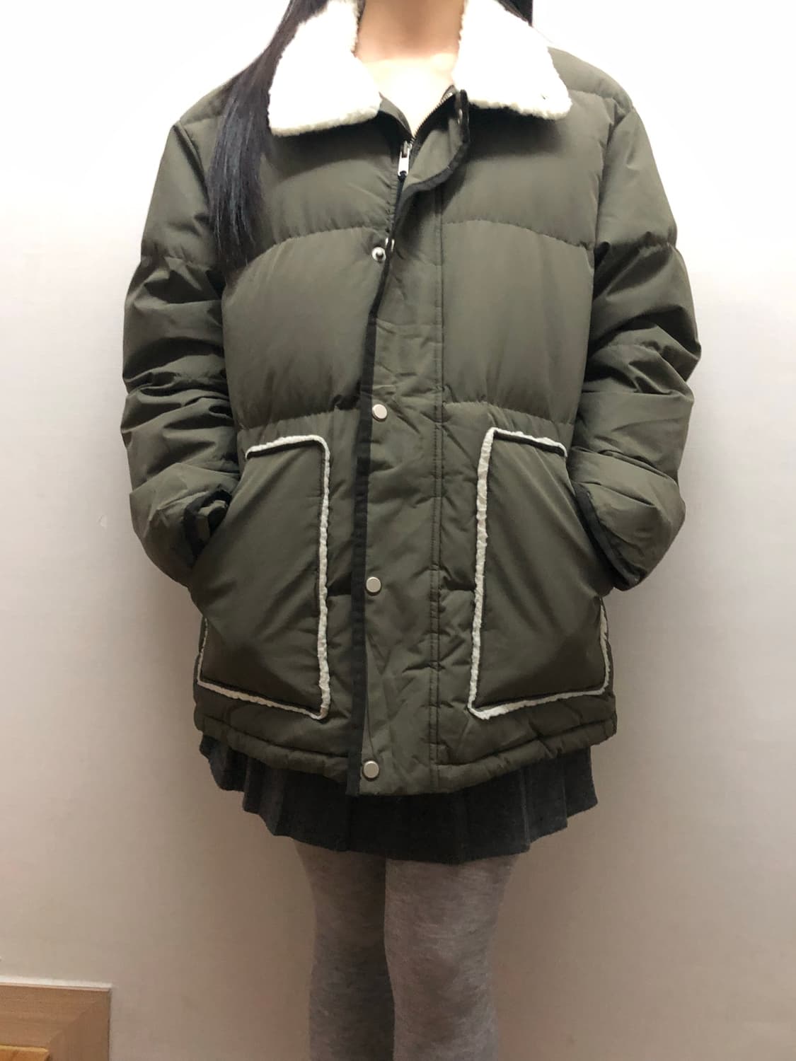 빈티지 카키 퍼 디테일 점퍼 상품이미지2