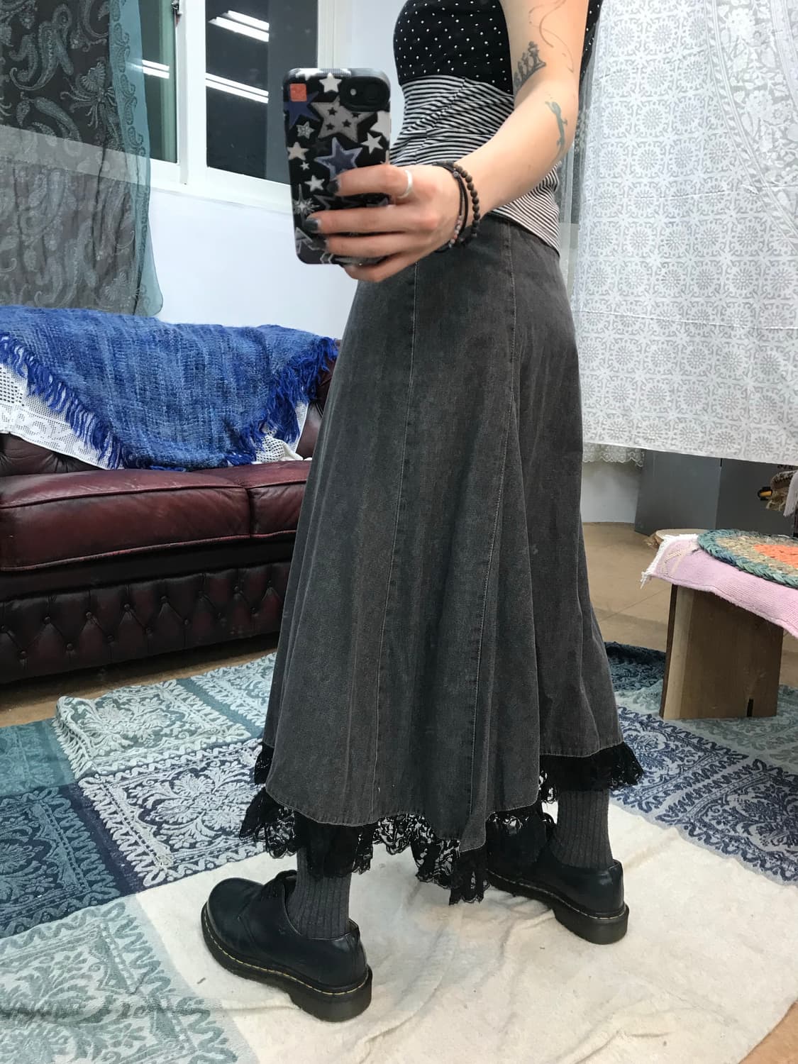 여성 레이스 디테일 흑청 데님스커트 상품이미지2