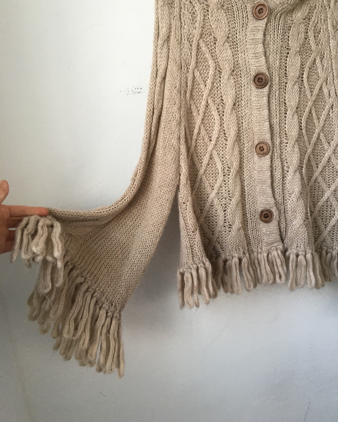 Fringe cable pattern hood knit cardigan 상품이미지4