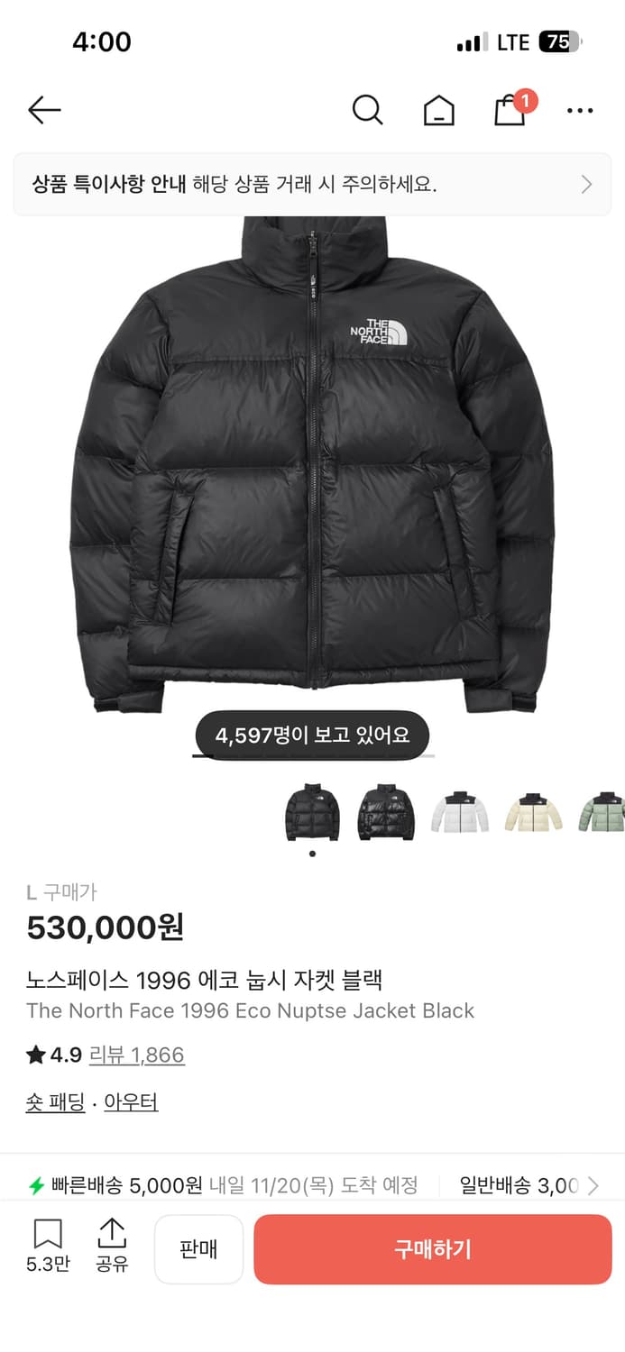 노스페이스 1996 에코 눕시 블랙 L 급처 상품이미지3