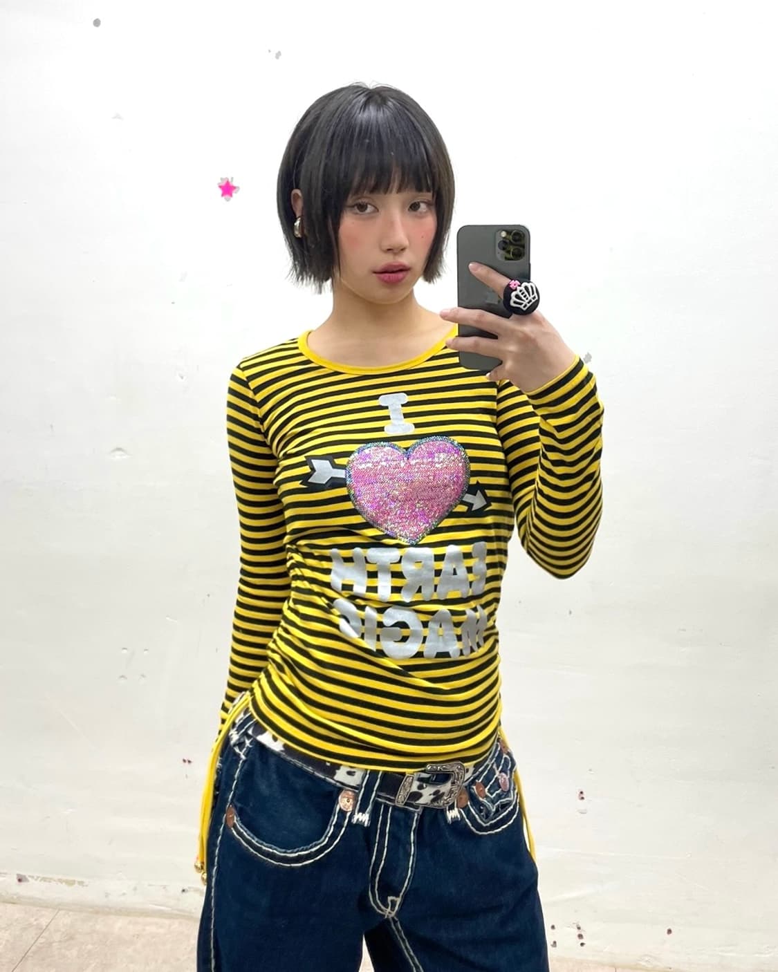 Yellow Stripe Heart Spangle Shirring t 상품이미지1