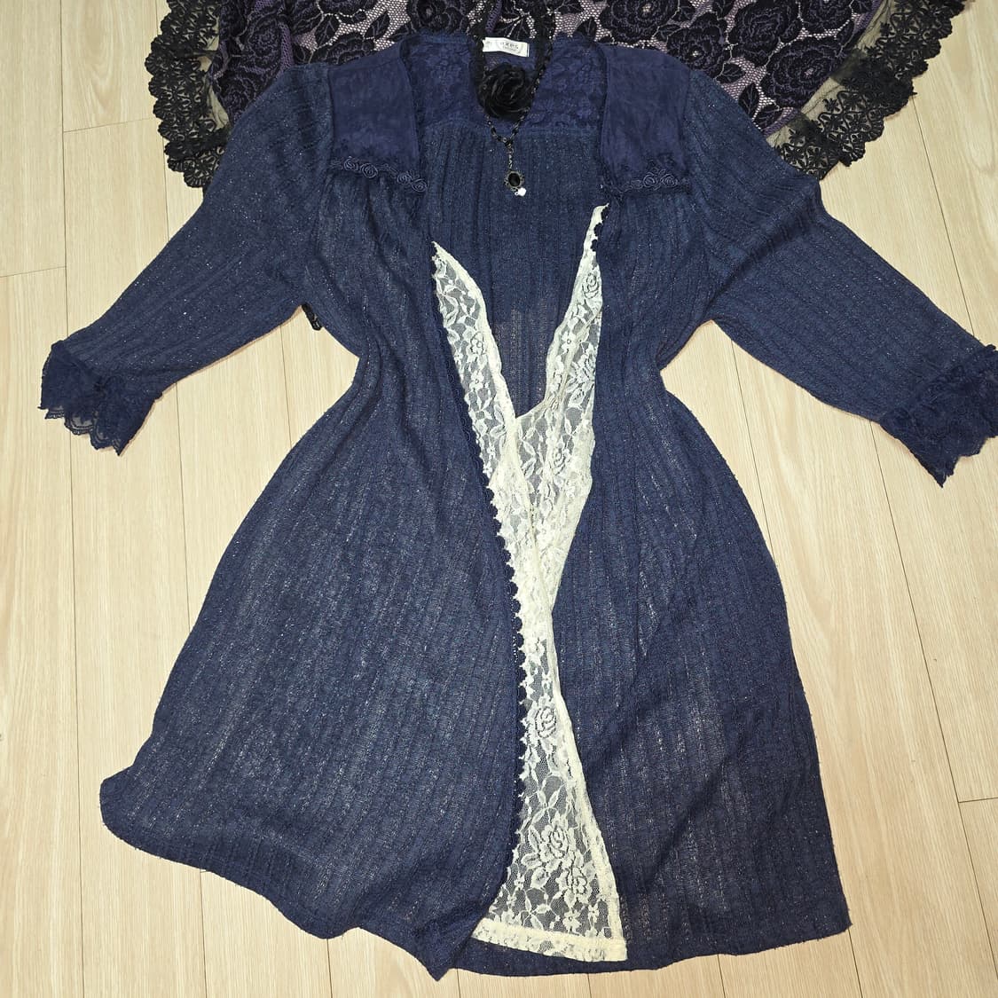 엑시즈팜 일본빈티지)네이비 고딕로리타st 레이스 글리터 레이어드니트가디건 상품이미지4