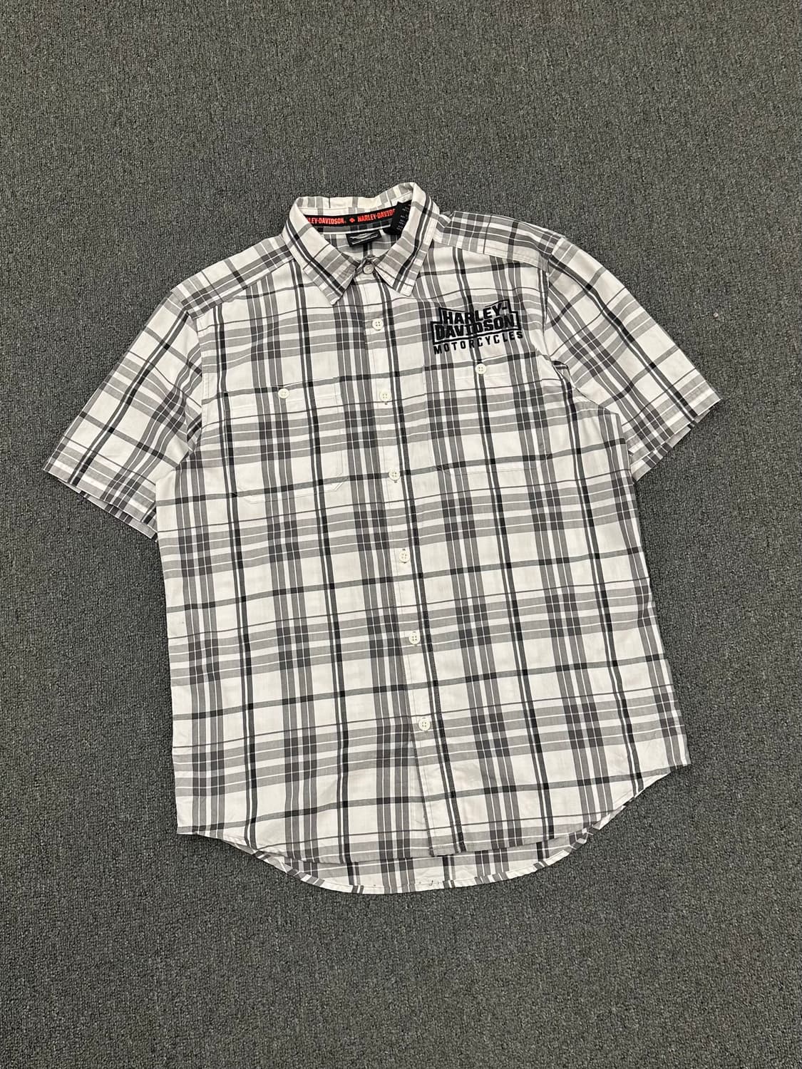 M)할리데이비슨 vintage 체크 백 자수 로고 반팔셔츠 상품이미지1