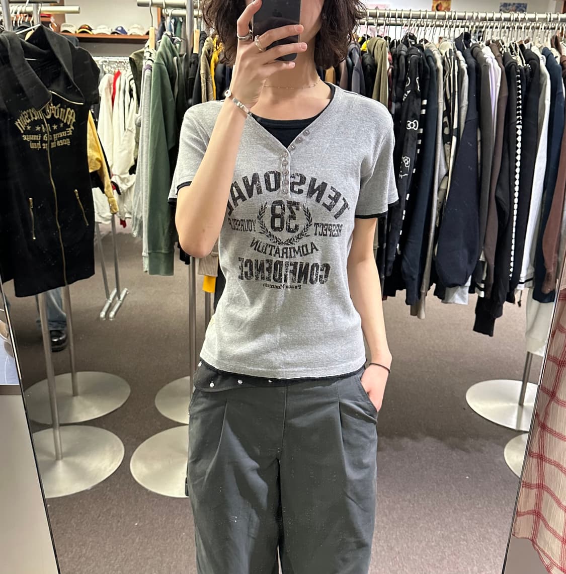 XL)Japanese vintage 여성 그레이 헨리넥 레이어드 반팔 상품이미지2