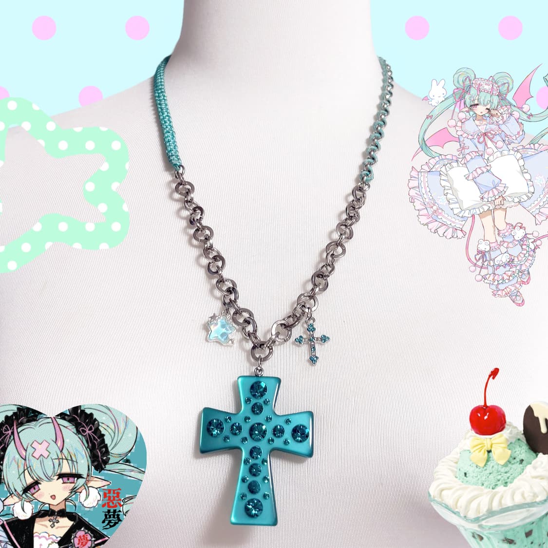 엔젤러브 커스텀 하츠네미쿠 십자가 체인 레이어드 민트 목걸이 상품이미지1