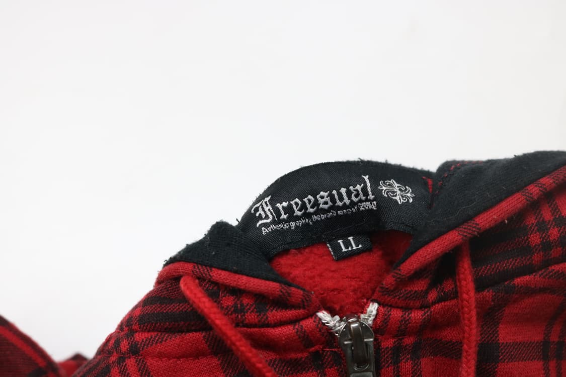 Freesual 프리쥬얼 빈티지 레드 타탄 체크 기모 후드 집업 (LL) 상품이미지5