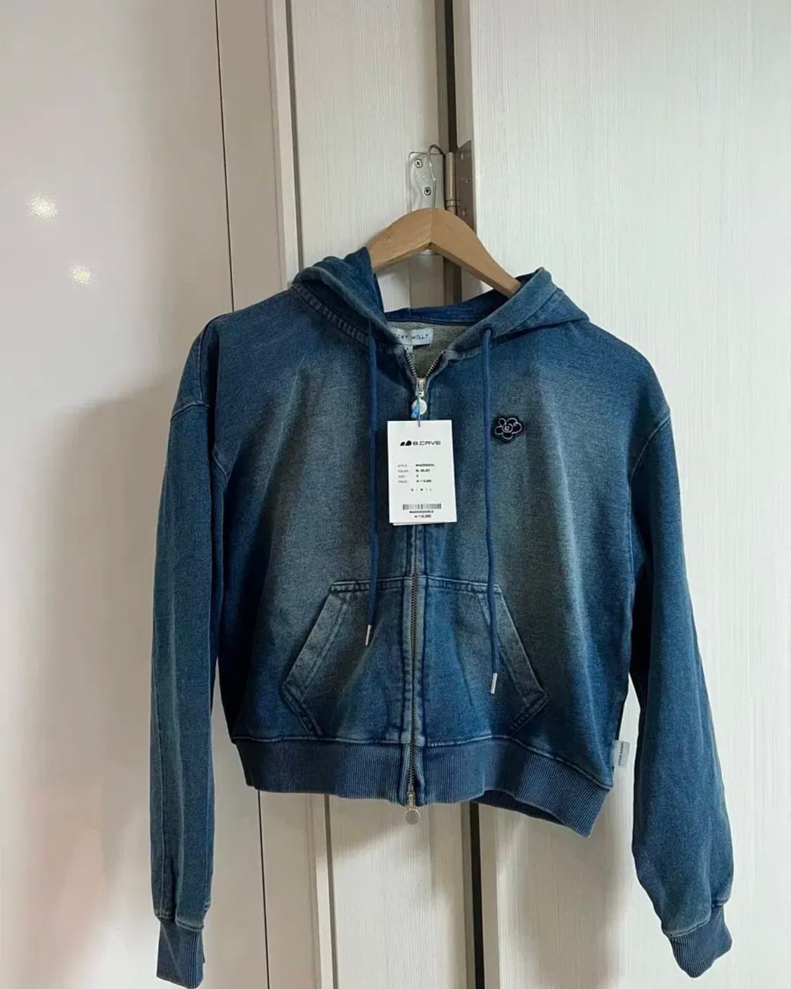 와키윌리 데님워싱 크롭 후드집업 블루 S 상품이미지1