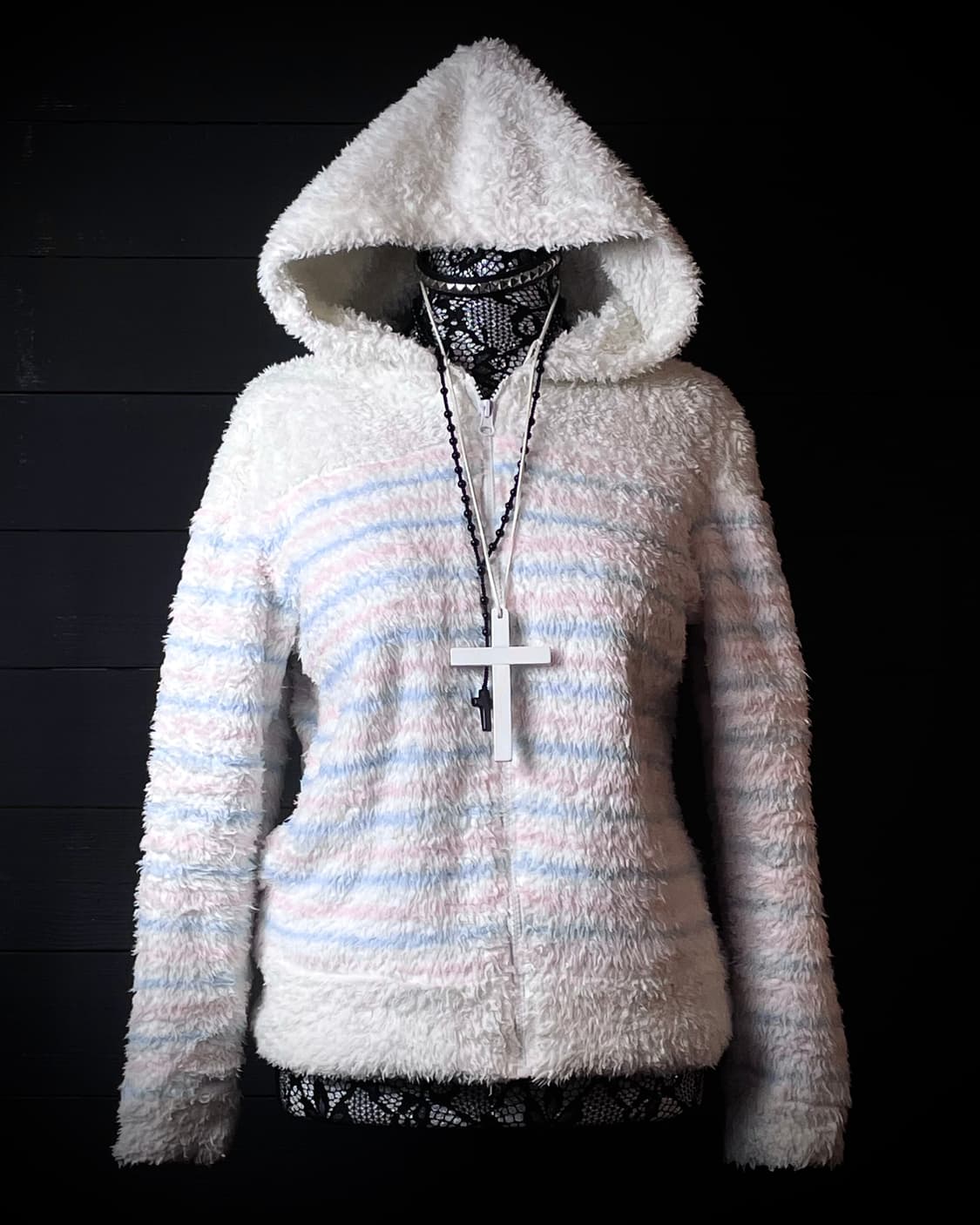 JPN 핑크 블루 스트라이프 패턴 줄무늬 화이트 퍼 후드집업 상품이미지1