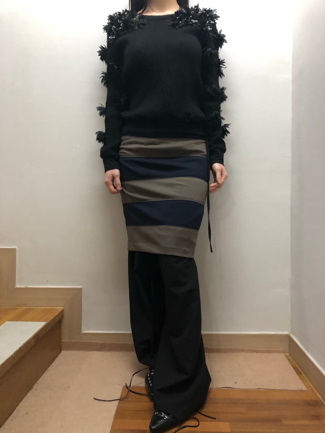 빈티지 카키 스트라이프 미디 스커트 상품이미지4