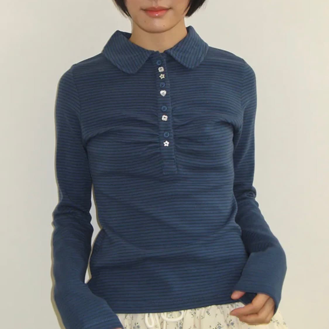 론론 SHIRRING STRIPE BUTTON LONG SLEEVE BL 상품이미지1
