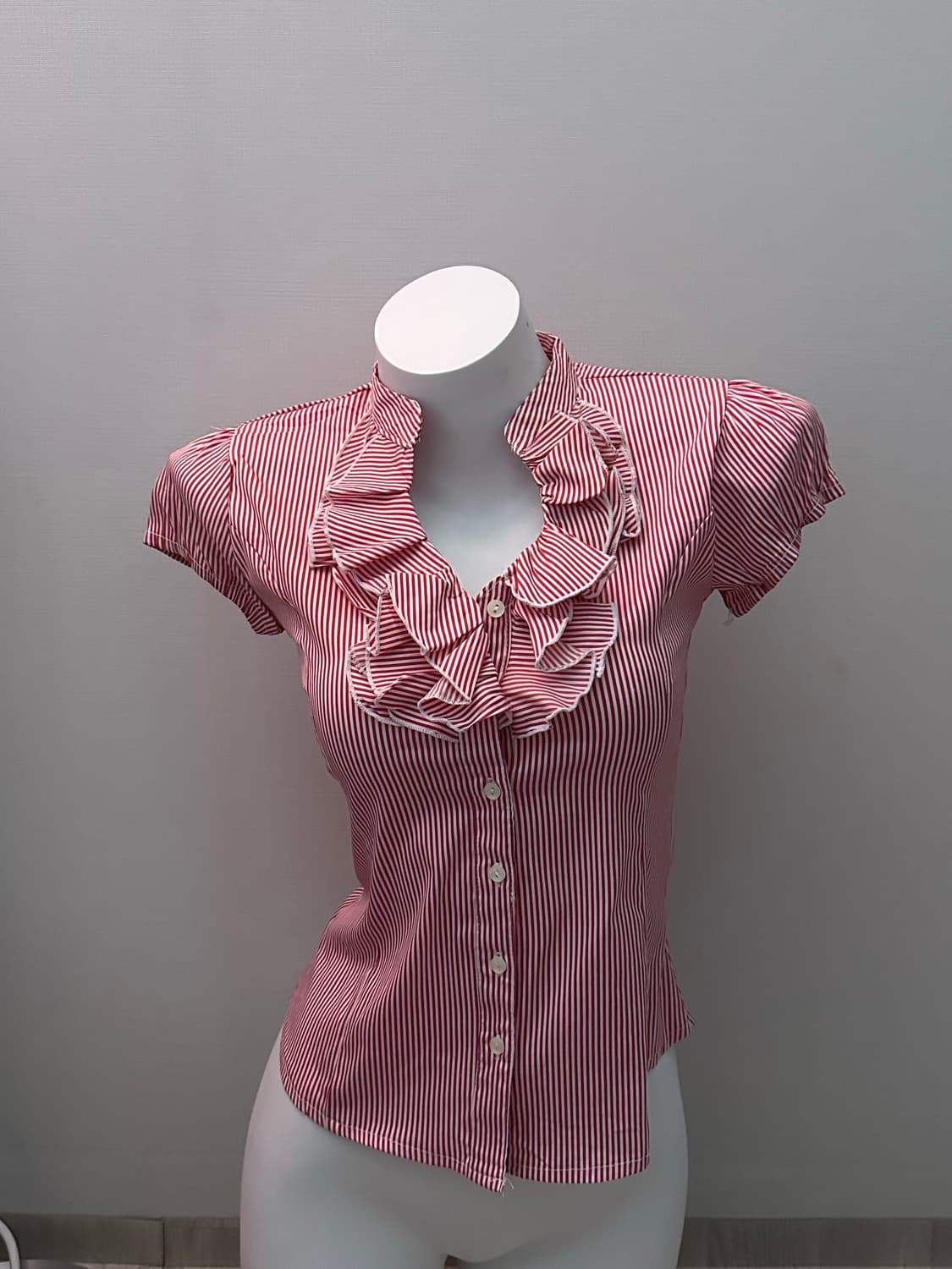 빈티지 프릴 반소매 스트라이프 블라우스 상품이미지1