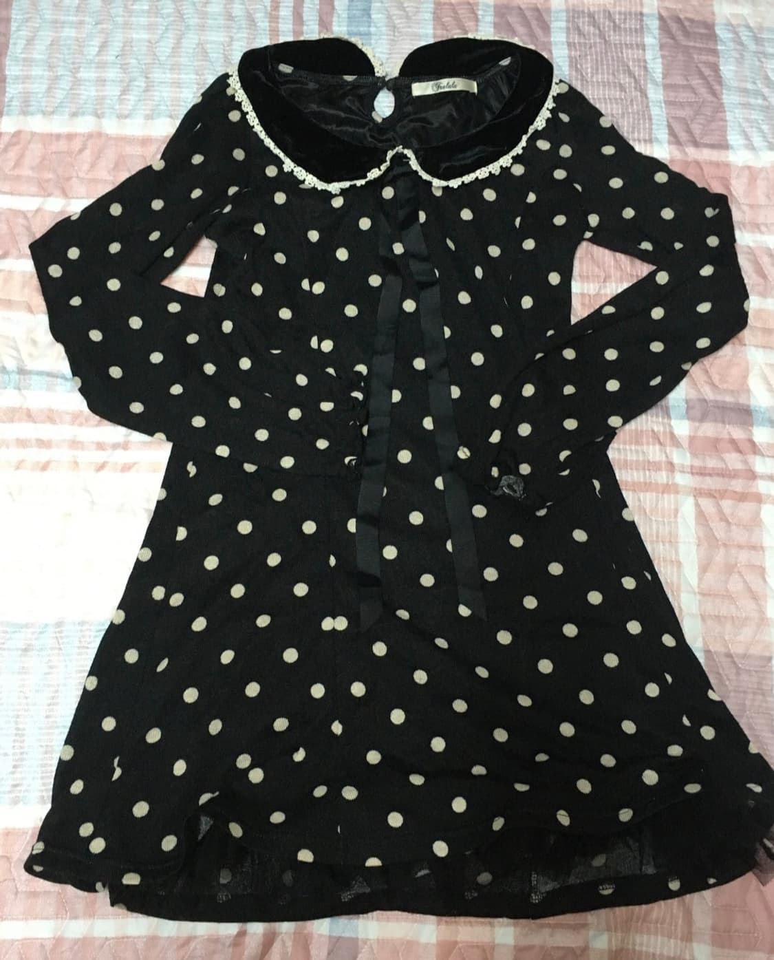 tralala 트랄라라 도트 미니원피스 벨벳 레이스 리본 디테일 빈티지 상품이미지1