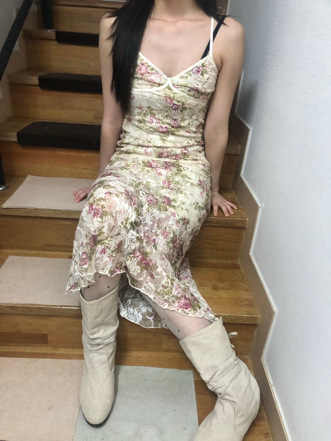 빈티지 아이보리 플라워 롱 원피스 상품이미지3