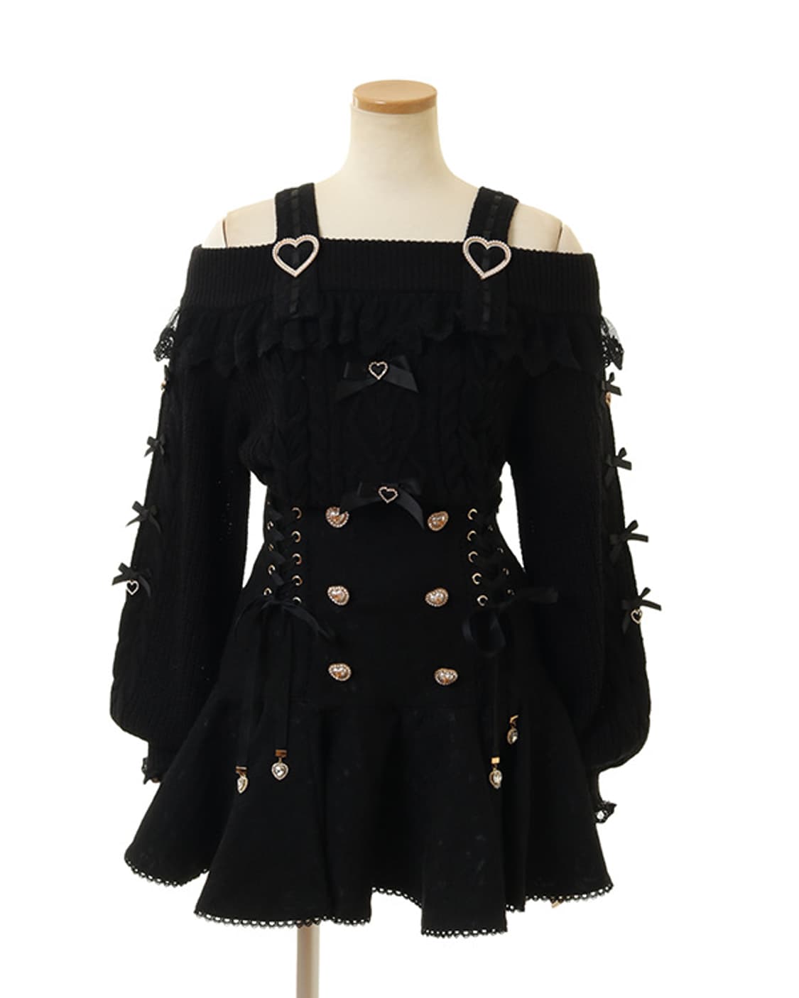 리즈리사 하트 버클 프릴 오프숄더 니트 블랙 양산형 지뢰계 상품이미지1