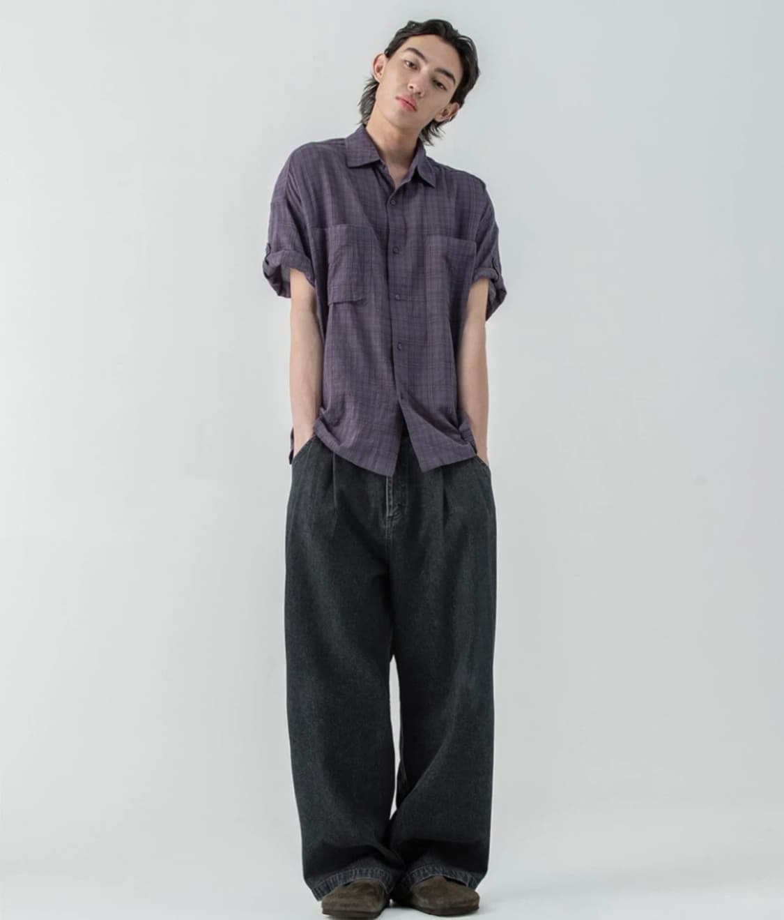 밀로 아카이브 롤업 체크 반팔 셔츠 (빈티지 퍼플, XL) 상품이미지1