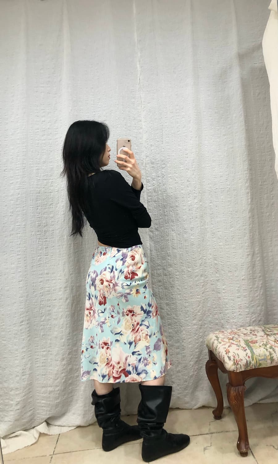 Mint floral string satin skirt 상품이미지4