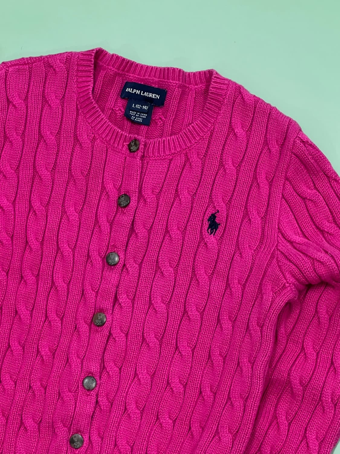 (L) 랄프로렌 주니어 크롭 케이블 꽈배기 가디건 핫핑크 상품이미지2
