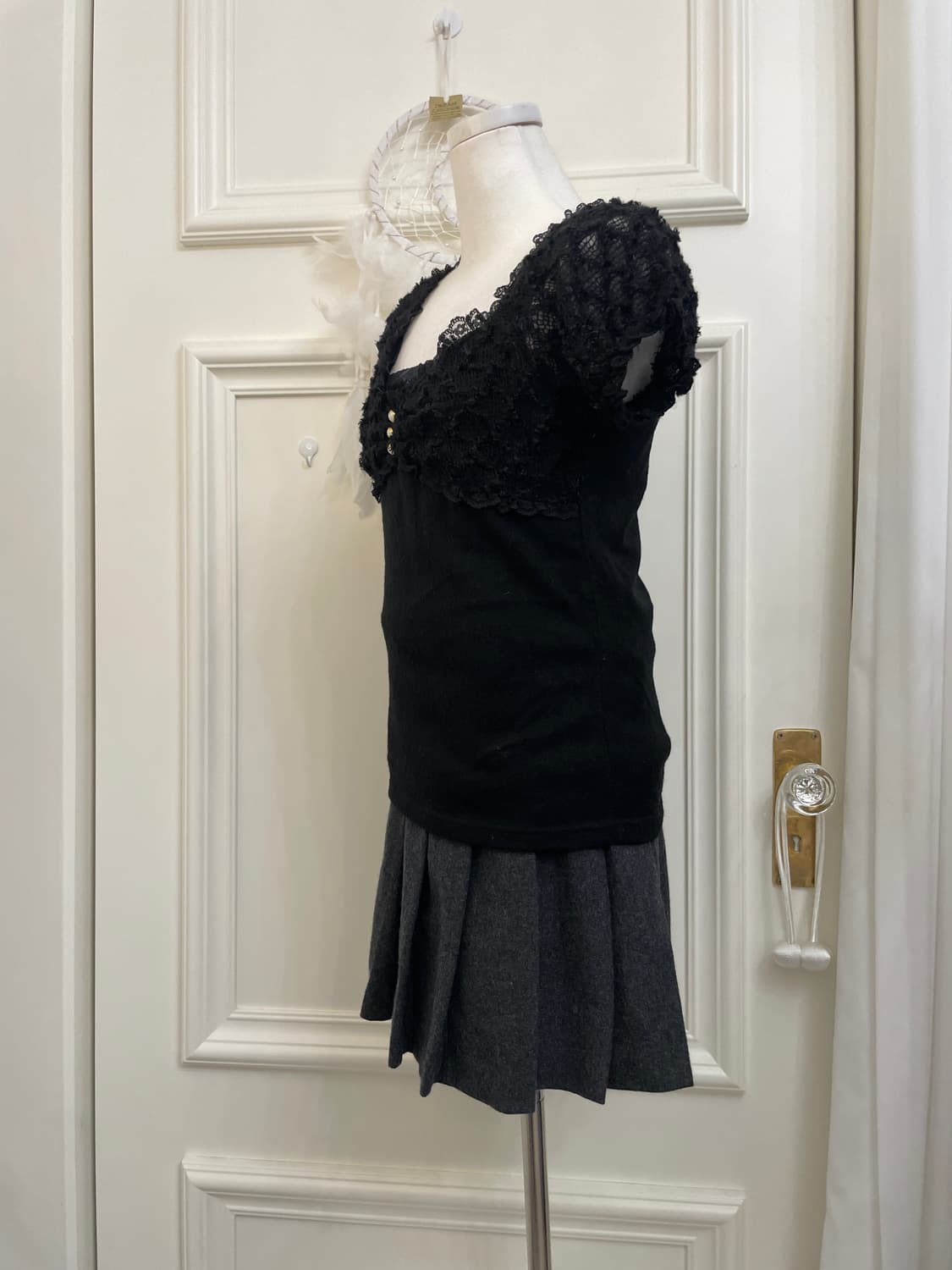 black sleeve crochet shirring knit top&l 상품이미지2