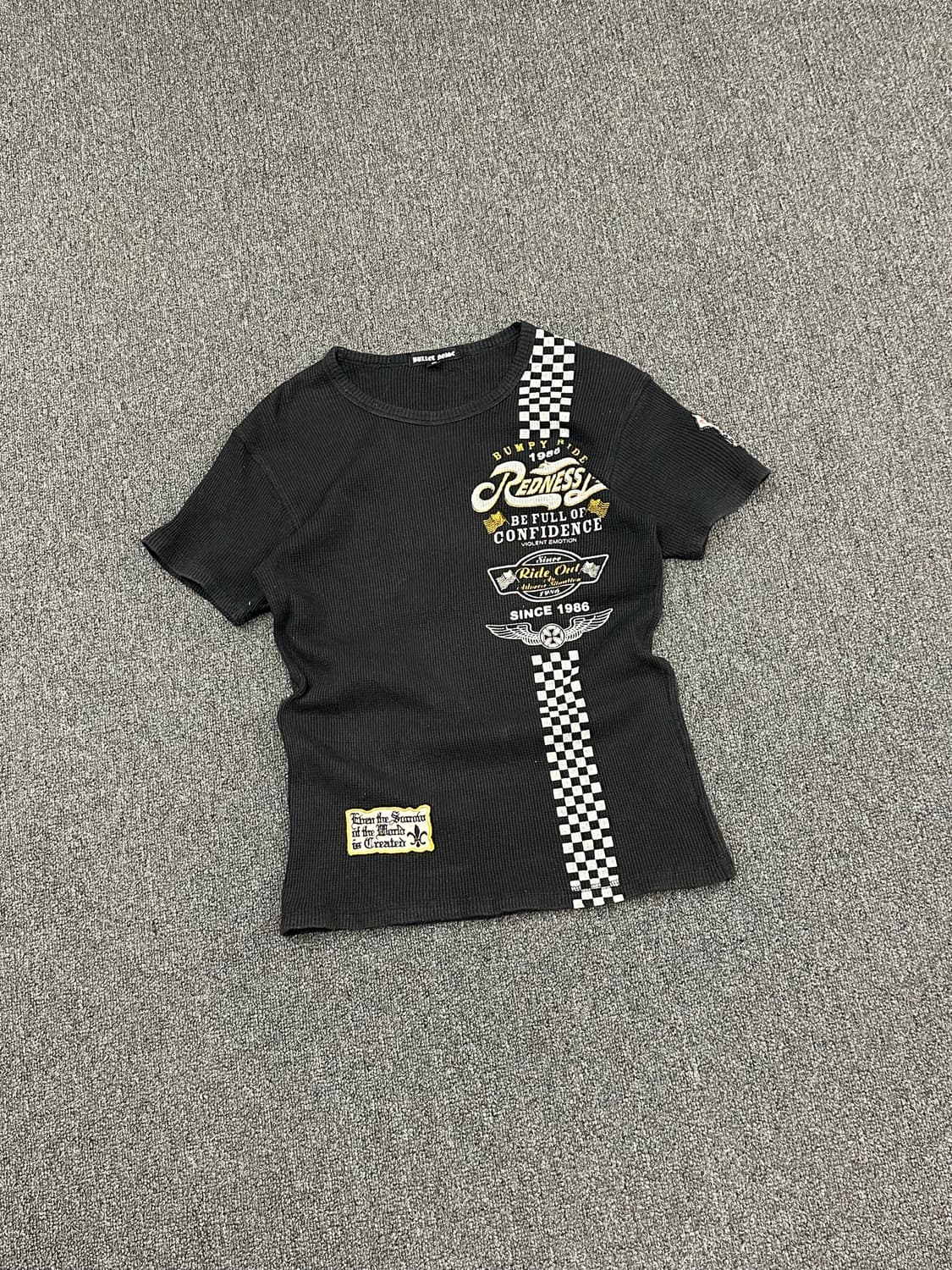 M)Japanese vintage 여성 패치 프린팅 골지 레이싱 반팔 상품이미지1