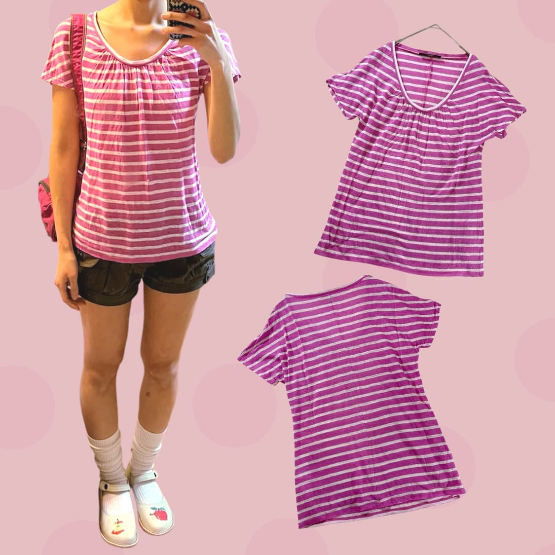 일본 애니st 빈티지 핑크 스트라이프 티셔츠 상품이미지1