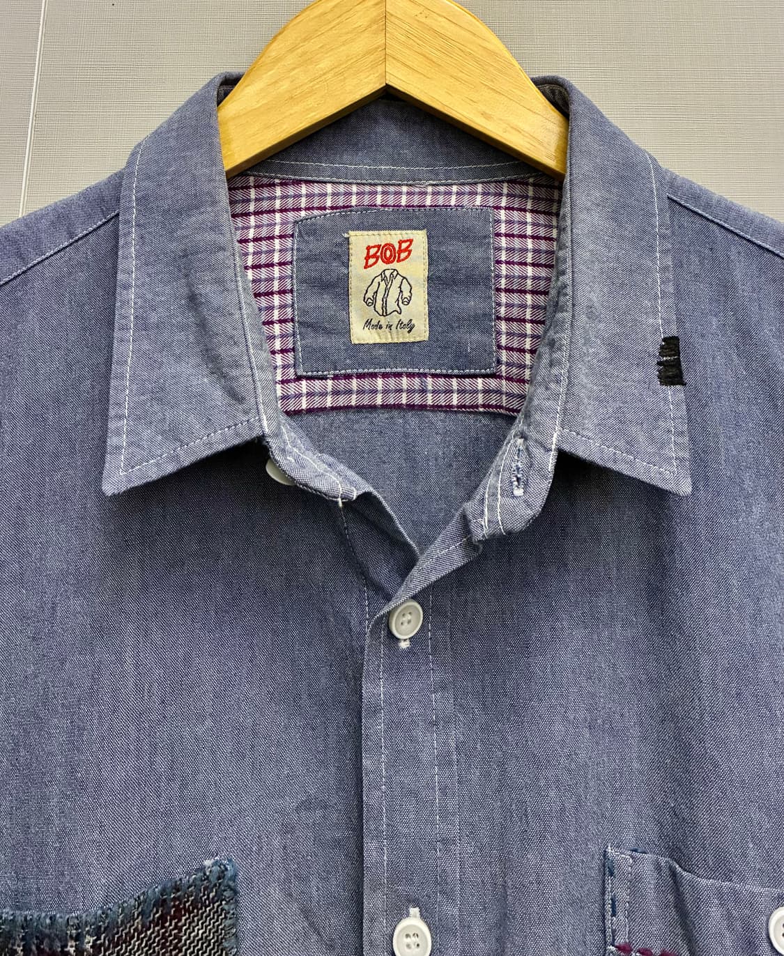 (L~XL)BOB italy 비오비 패치워크 핸드자수 샴브레이 셔츠 상품이미지3