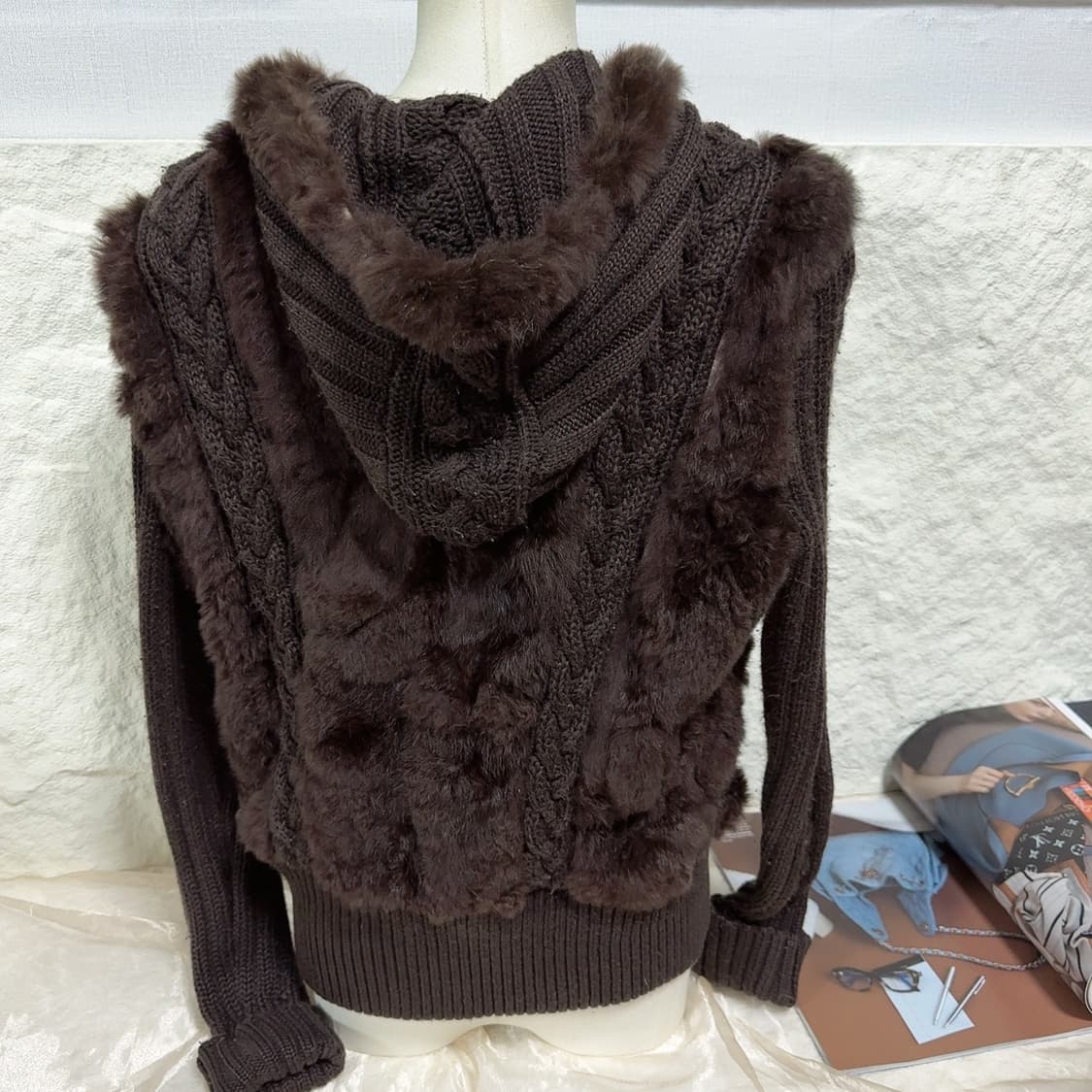 빈티지 커피브라운 토끼털 후드집업 니트자켓 상품이미지3